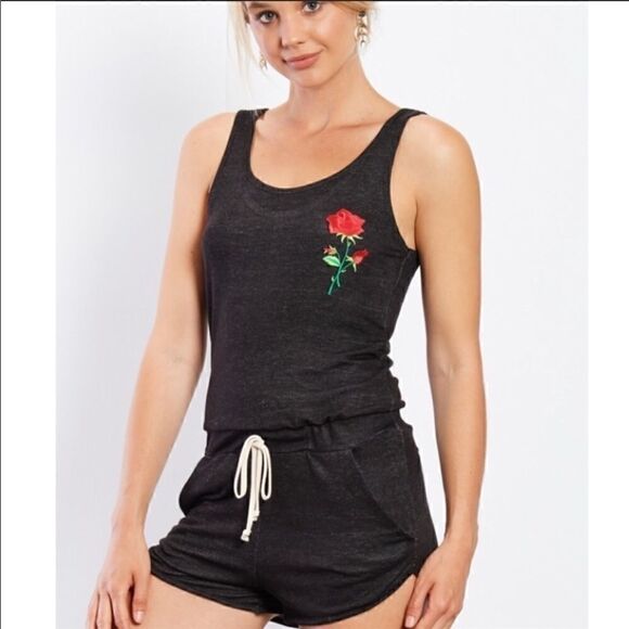 Embroidered Rose Black Romper   - Picture 1 of 4